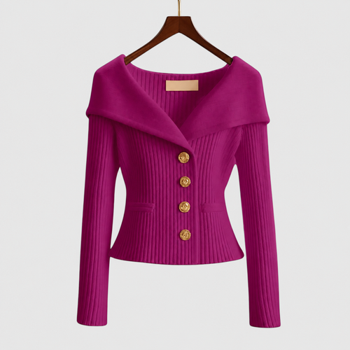 Women's Elegant Ribbed Cardigan with Gold-Tone Buttons in Purple — view 2