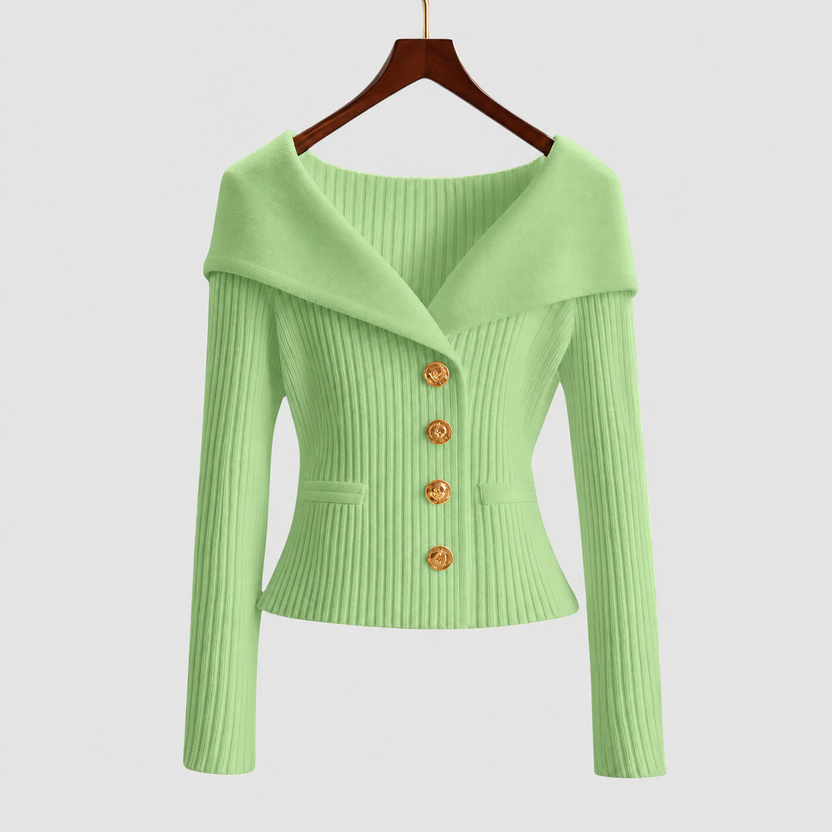 Women's Elegant Ribbed Cardigan with Gold-Tone Buttons in Green — view 4