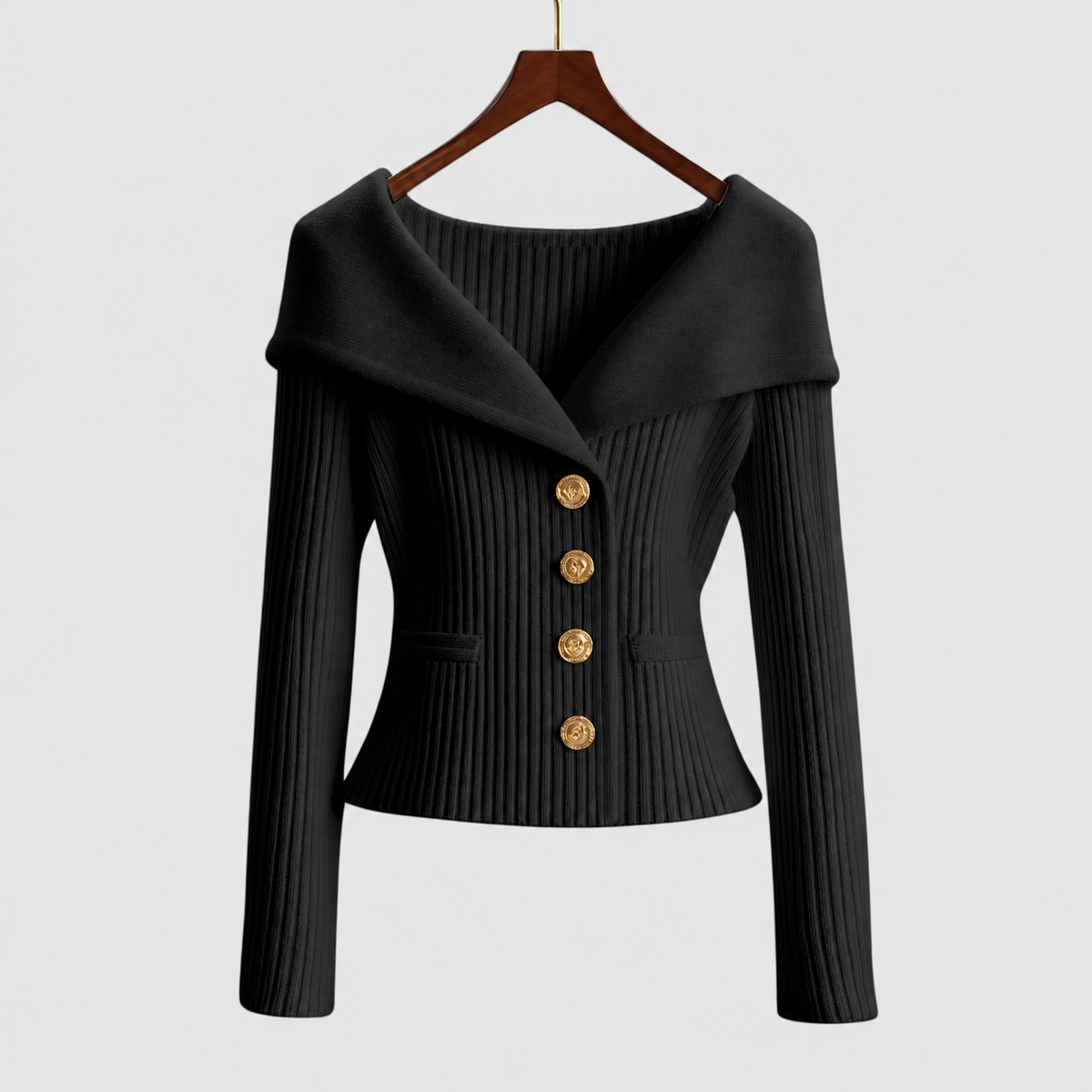 Women's Elegant Ribbed Cardigan with Gold-Tone Buttons in Black — view 7
