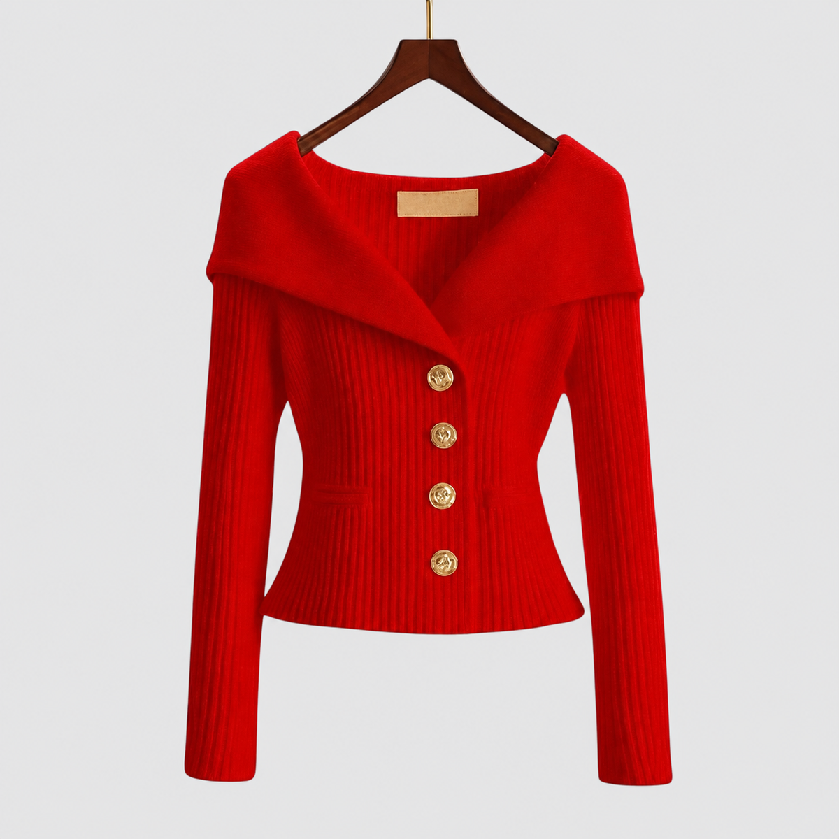Women's Elegant Ribbed Cardigan with Gold-Tone Buttons in Red — view 9