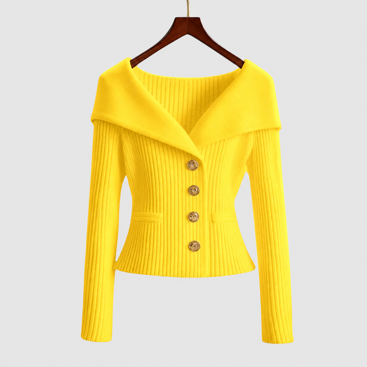 Women's Elegant Ribbed Cardigan with Gold-Tone Buttons in Yellow — view 10
