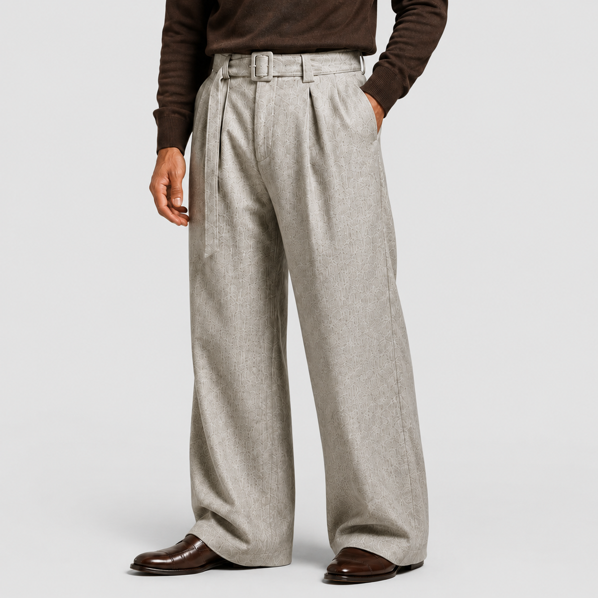 Men's Straight-Leg Pleated Tailored Trousers in Oatmeal — view 8
