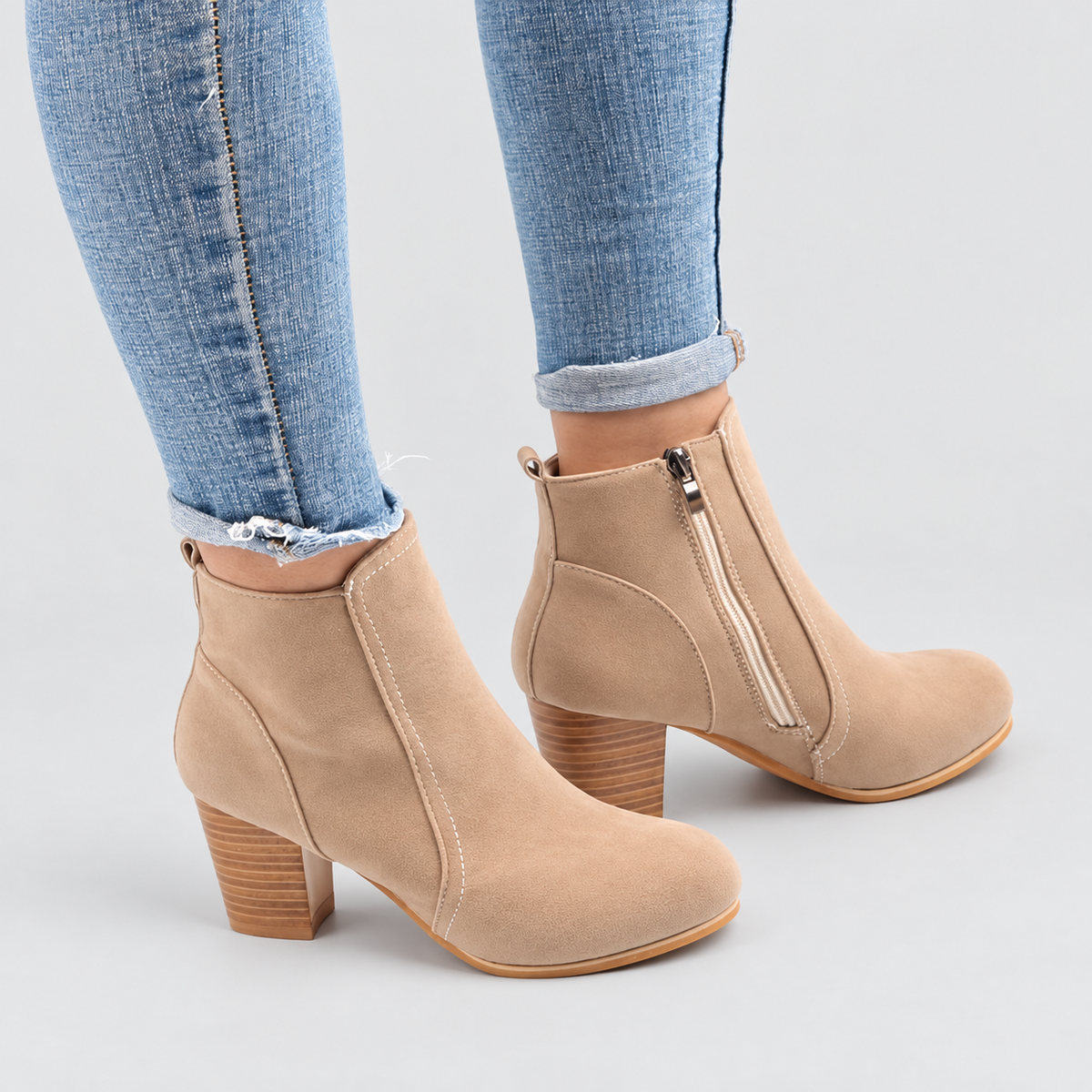 Women's Ankle Boots with Block Heel in Beige — view 1