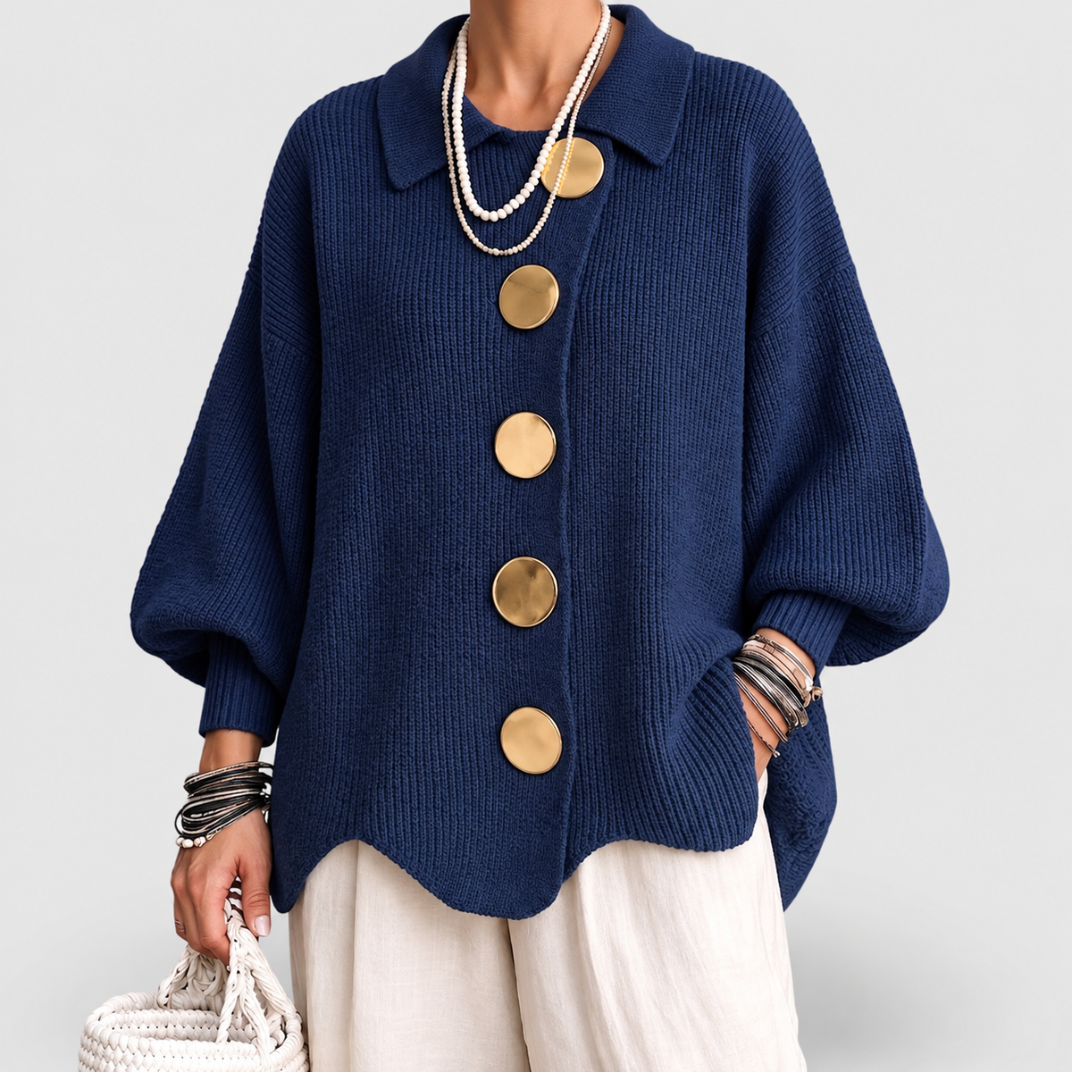 Women's Oversized Collared Cardigan with Gold-Tone Buttons in Blue — view 1