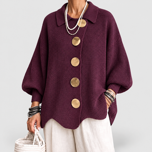 Women's Oversized Collared Cardigan with Gold-Tone Buttons in Wine — view 2