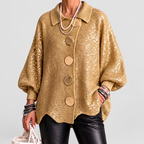 Women's Oversized Collared Cardigan with Gold-Tone Buttons in Gold — view 3