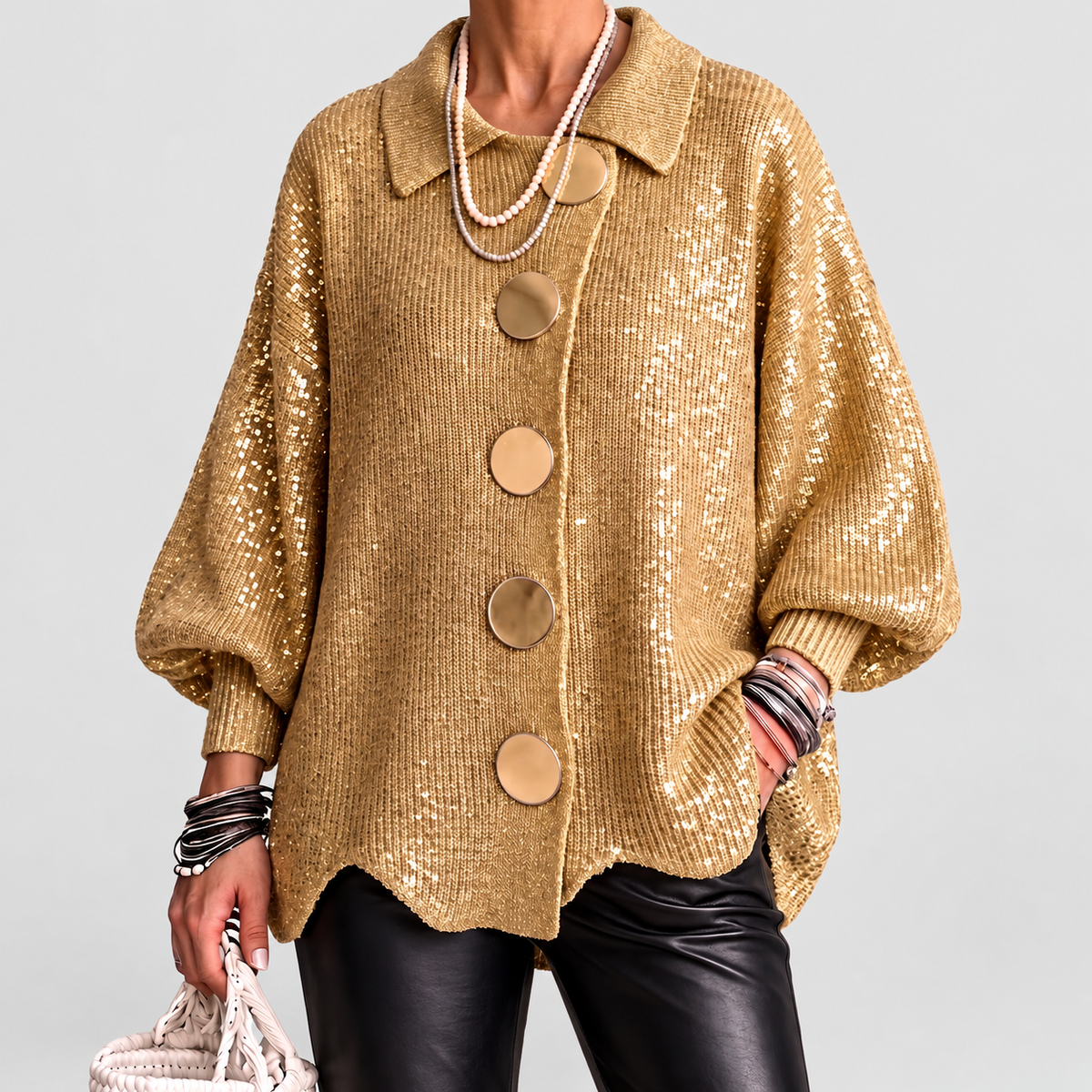 Women's Oversized Collared Cardigan with Gold-Tone Buttons in Gold — view 3