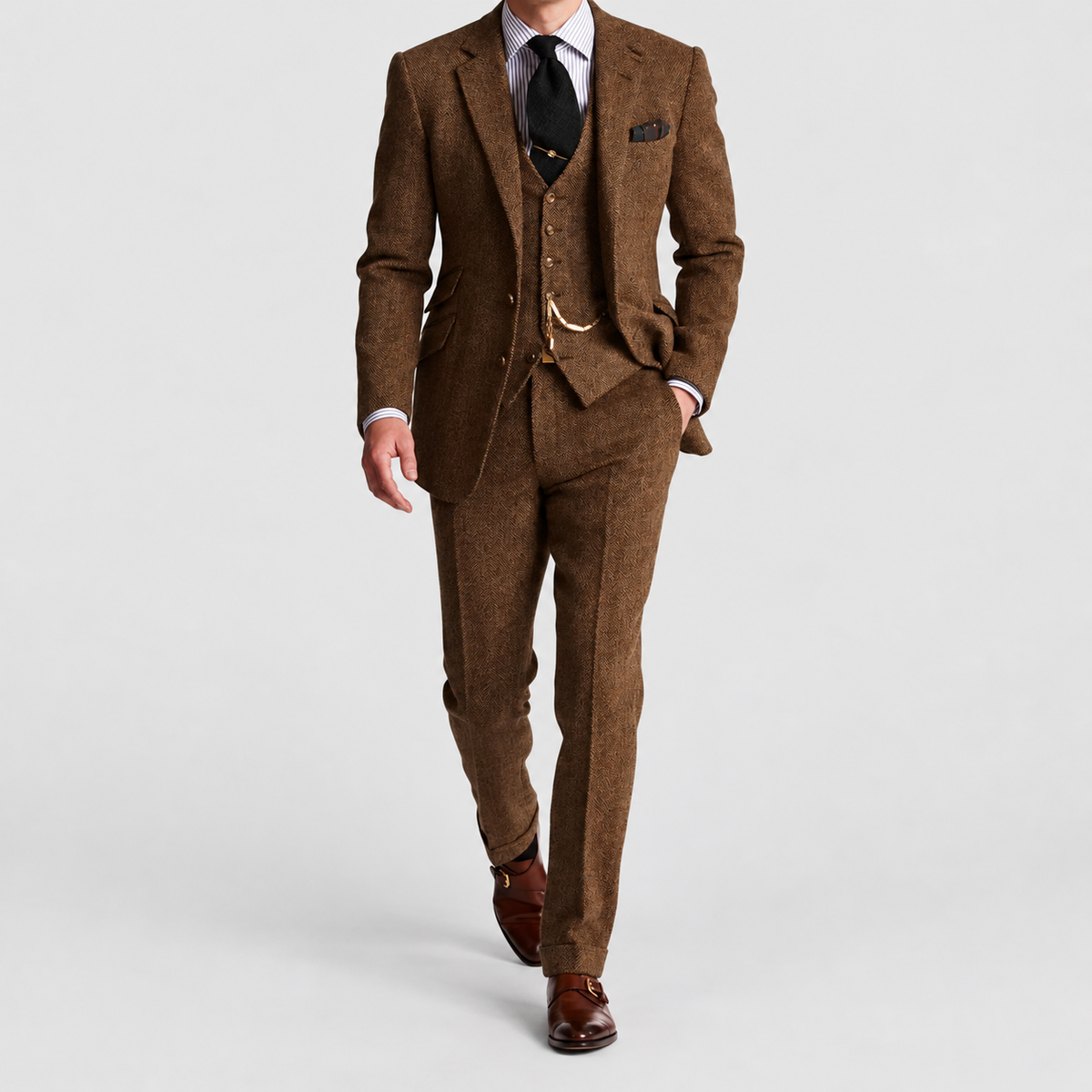 Men's Three-Piece Suit with Blazer, Waistcoat and Trousers in Brown — view 1