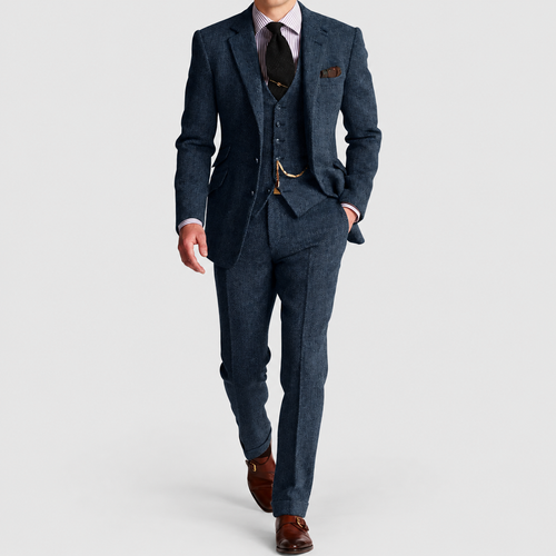 Men's Three-Piece Suit with Blazer, Waistcoat and Trousers in Dark Blue — view 2