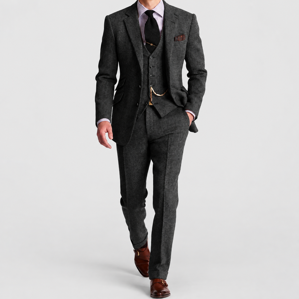 Men's Three-Piece Suit with Blazer, Waistcoat and Trousers in Black — view 3