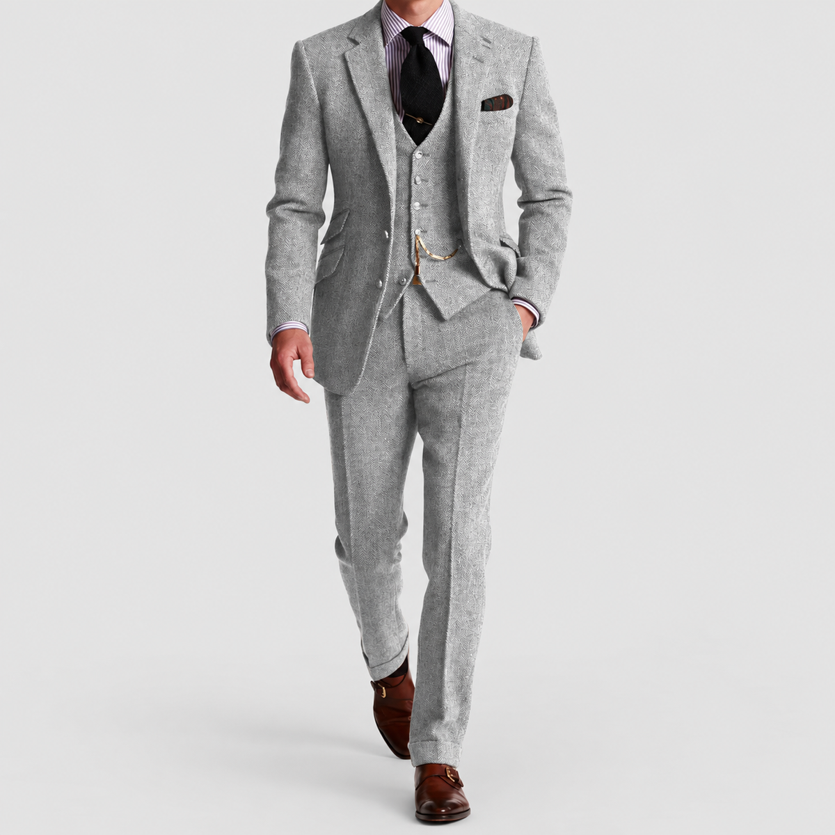 Men's Three-Piece Suit with Blazer, Waistcoat and Trousers in Grey — view 4