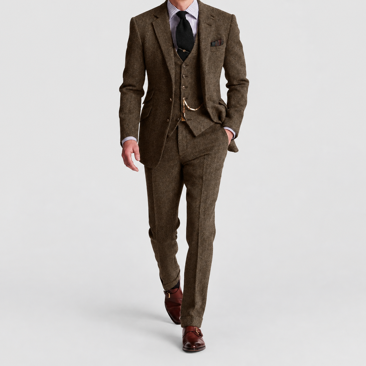 Men's Three-Piece Suit with Blazer, Waistcoat and Trousers in Coffee — view 5