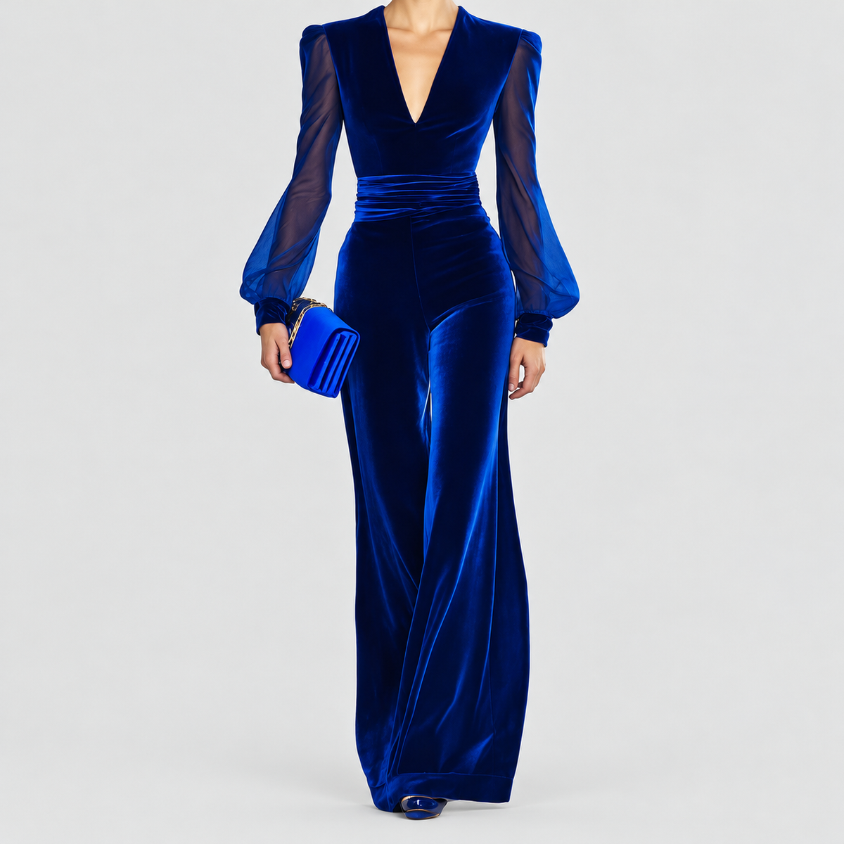 Women's Elegant Velvet Jumpsuit with Mesh Sleeves in Royal Blue — view 1