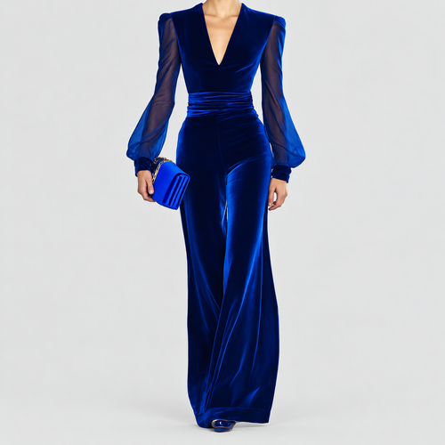 Women's Elegant Velvet Jumpsuit with Mesh Sleeves in Royal Blue — view 1