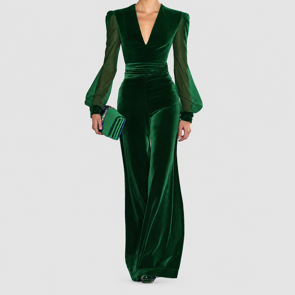 Women's Elegant Velvet Jumpsuit with Mesh Sleeves — view 3