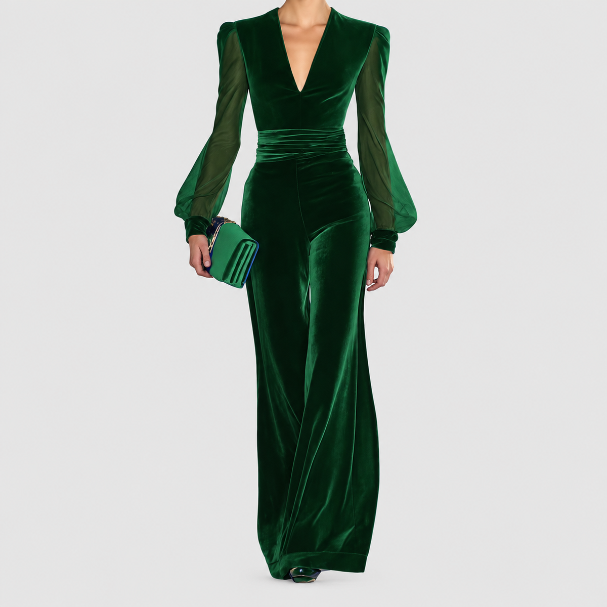 Women's Elegant Velvet Jumpsuit with Mesh Sleeves — view 3