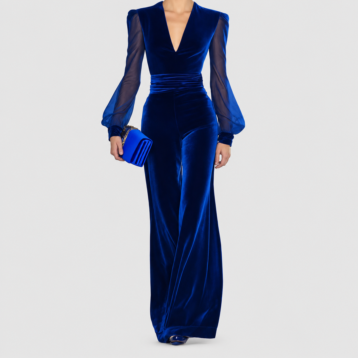 Women's Elegant Velvet Jumpsuit with Mesh Sleeves — view 4