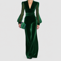 Women's Elegant Velvet Jumpsuit with Mesh Sleeves in Dark Green — view 7