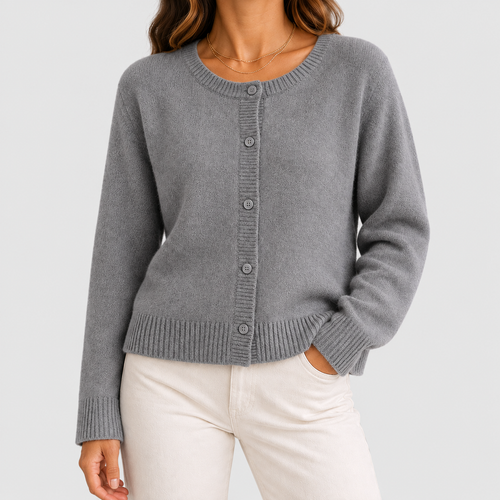 Women's Button-Up Long-Sleeve Round-Neck Knit Cardigan in Grey — view 1