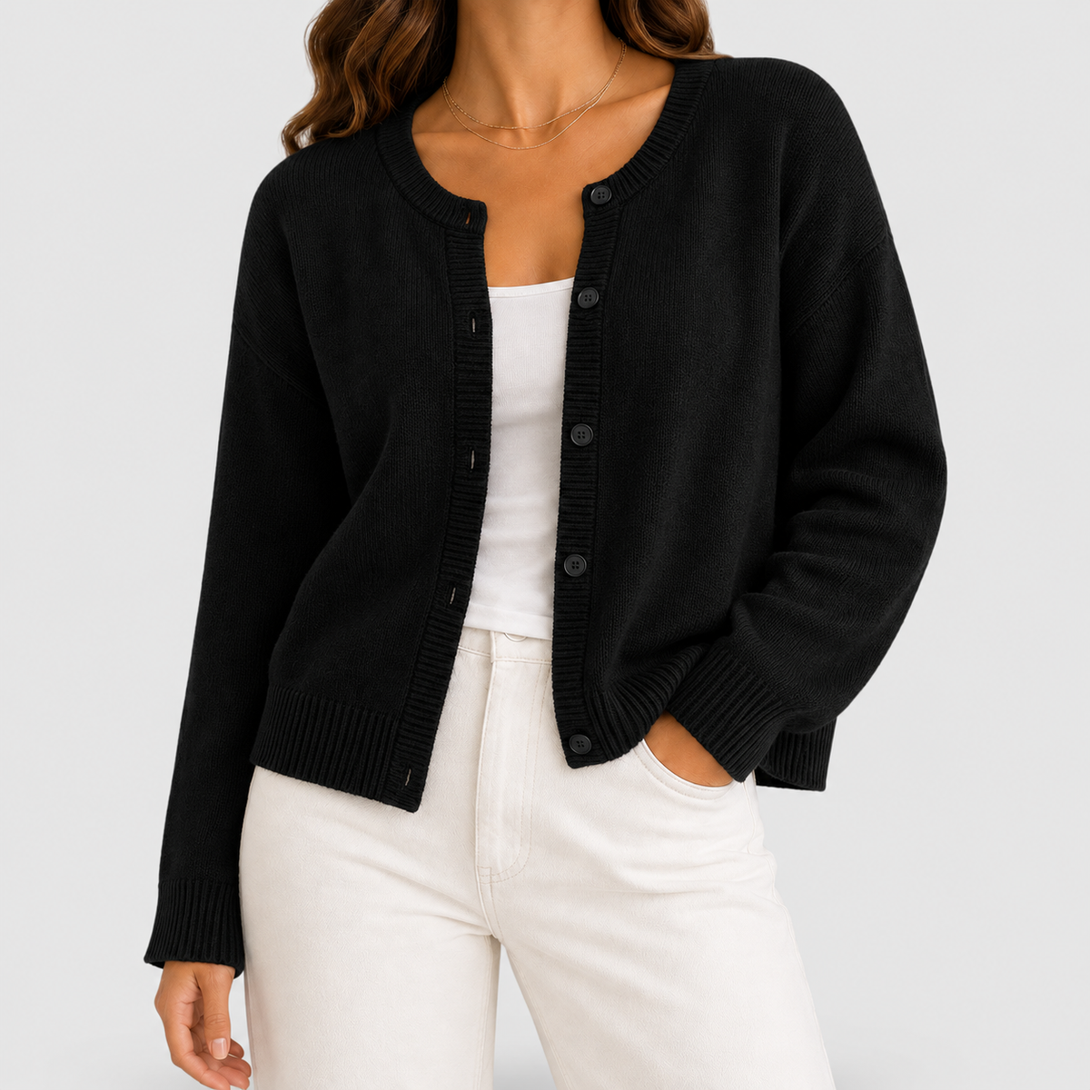 Women's Button-Up Long-Sleeve Round-Neck Knit Cardigan in Black — view 2