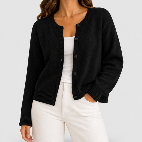 Women's Button-Up Long-Sleeve Round-Neck Knit Cardigan in Black — view 2