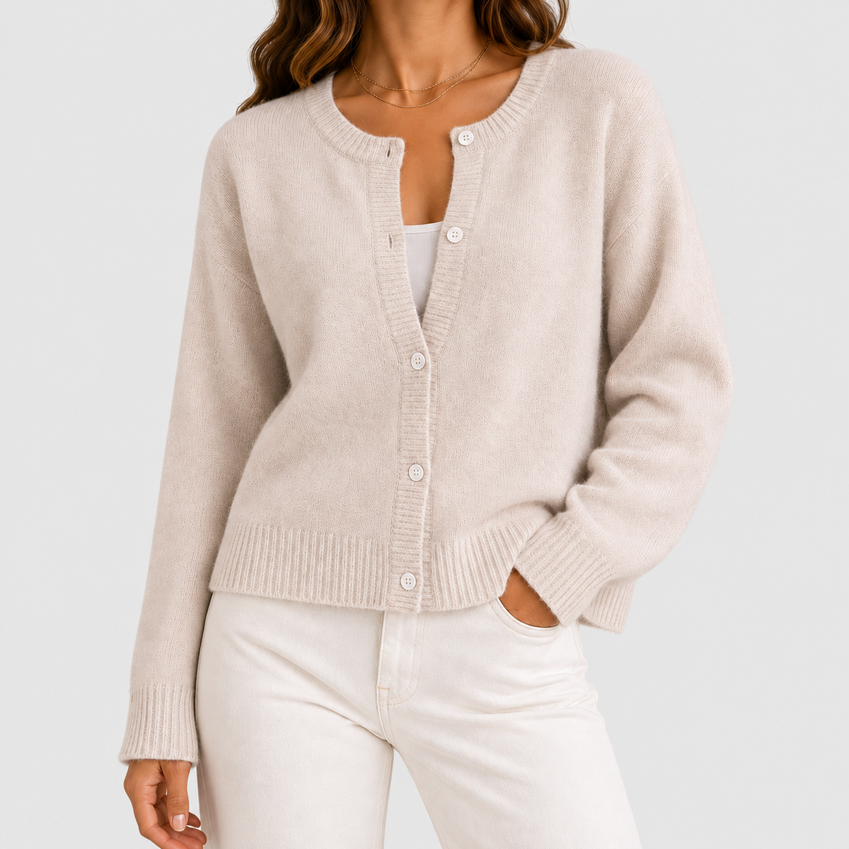 Women's Button-Up Long-Sleeve Round-Neck Knit Cardigan in White — view 3