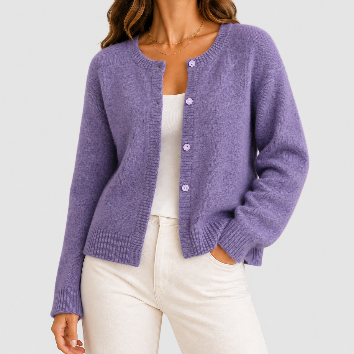 Women's Button-Up Long-Sleeve Round-Neck Knit Cardigan in Purple — view 4