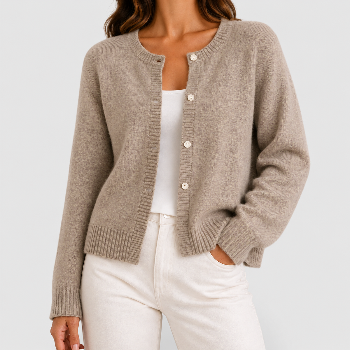 Women's Button-Up Long-Sleeve Round-Neck Knit Cardigan in Beige — view 5