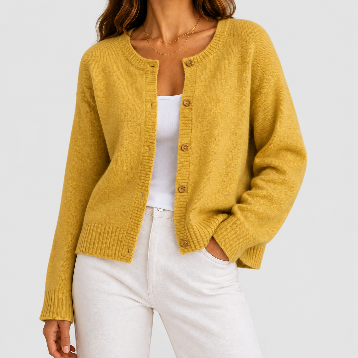 Women's Button-Up Long-Sleeve Round-Neck Knit Cardigan in Yellow — view 6