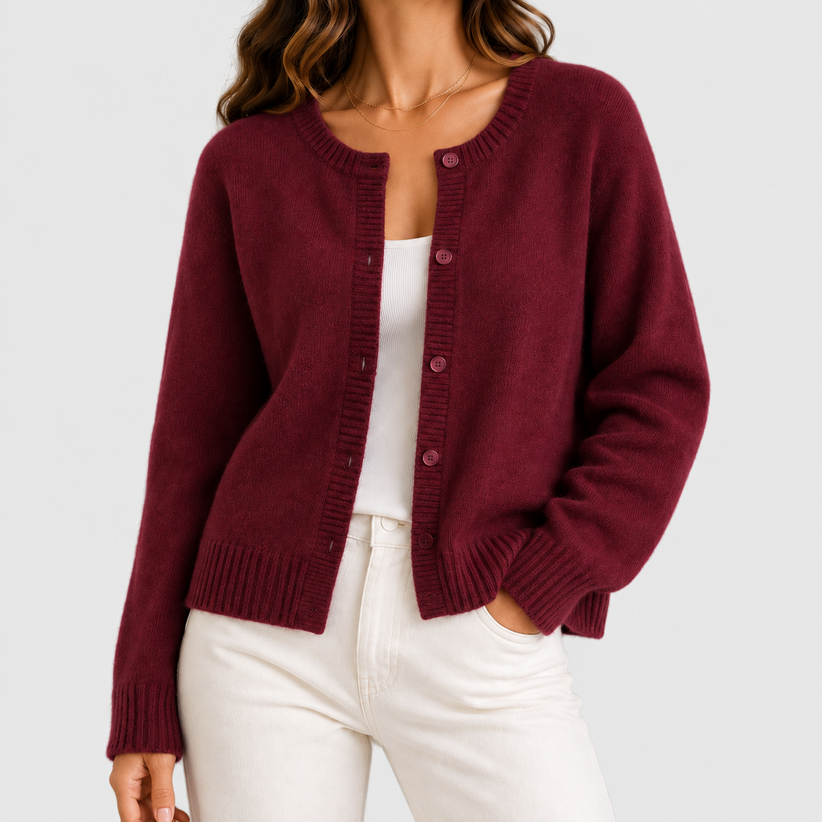 Women's Button-Up Long-Sleeve Round-Neck Knit Cardigan in Red Carpet — view 7