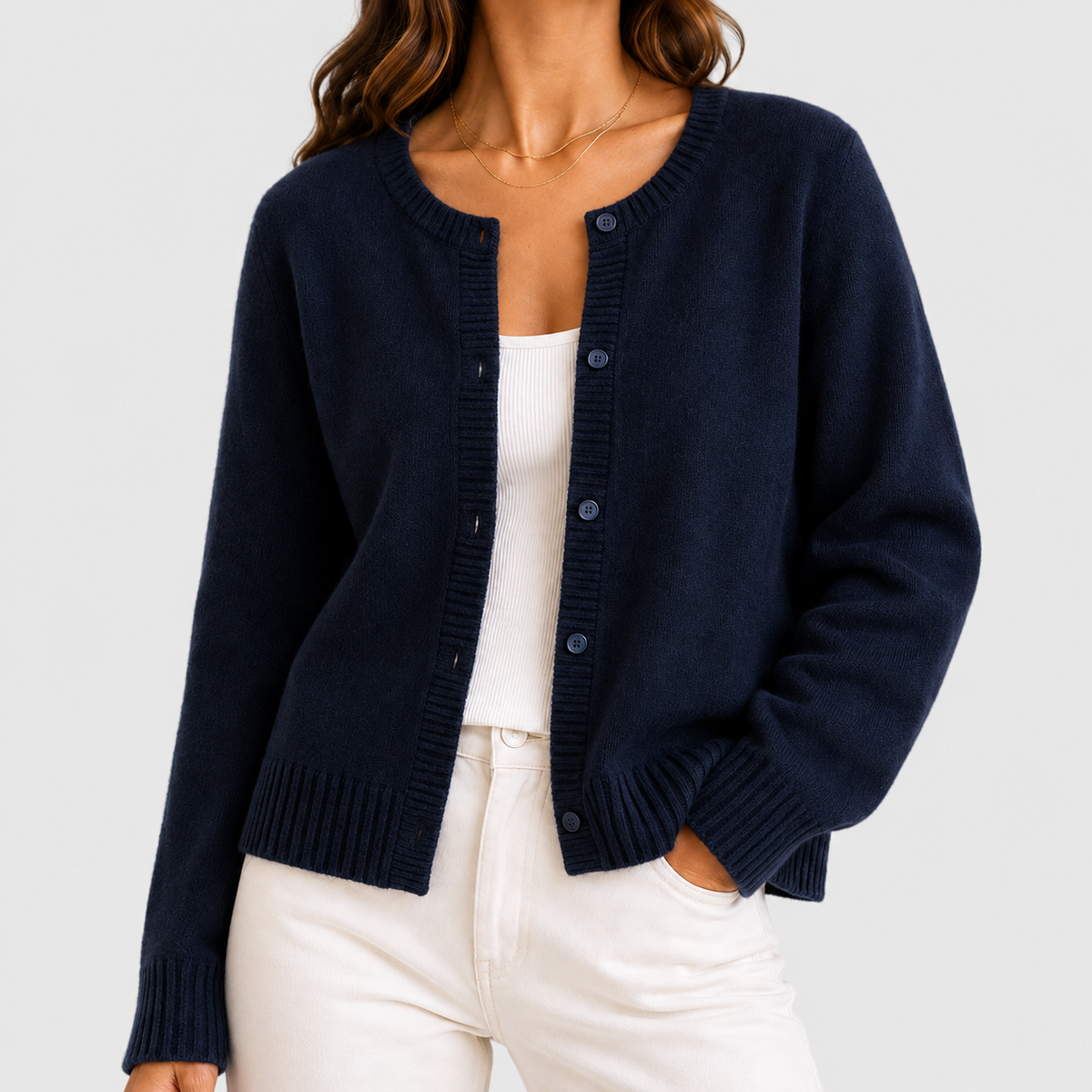 Women's Button-Up Long-Sleeve Round-Neck Knit Cardigan in Navy — view 8