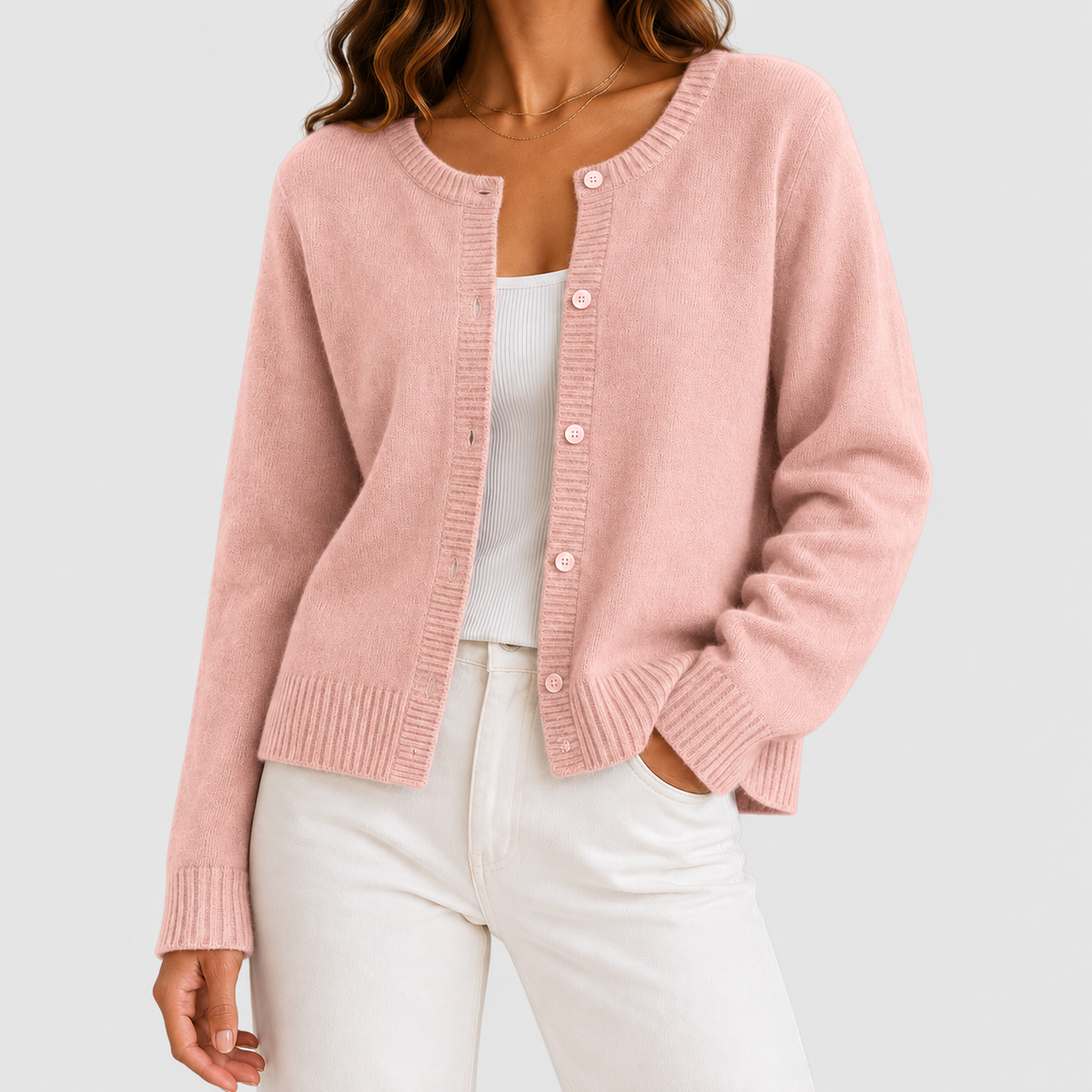 Women's Button-Up Long-Sleeve Round-Neck Knit Cardigan in Pink — view 9