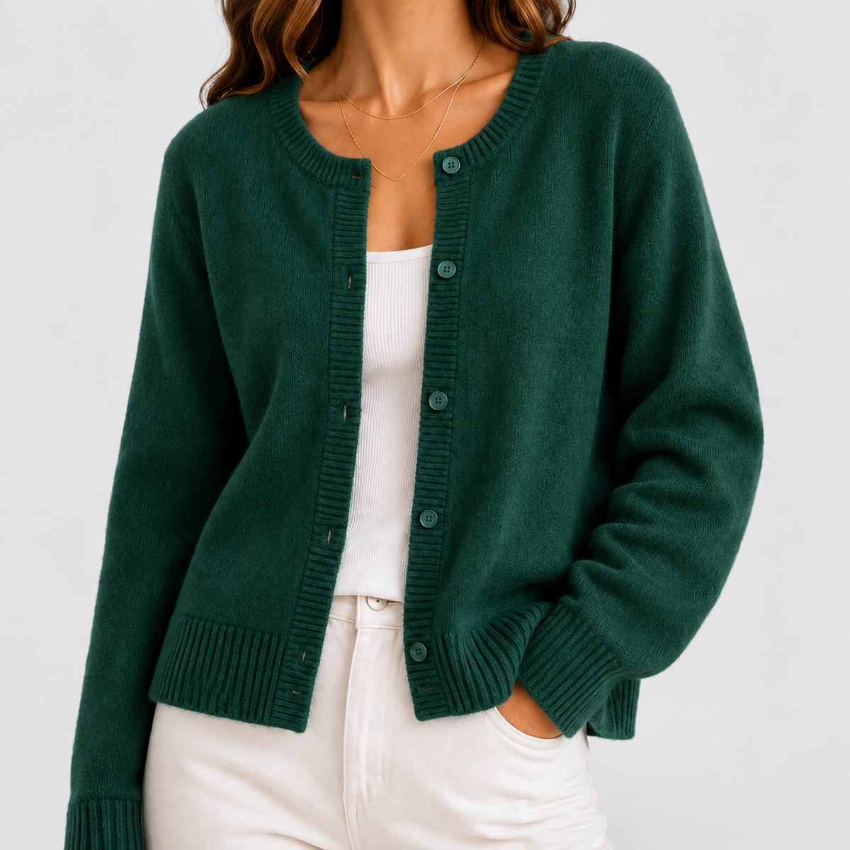 Women's Button-Up Long-Sleeve Round-Neck Knit Cardigan in Green — view 10