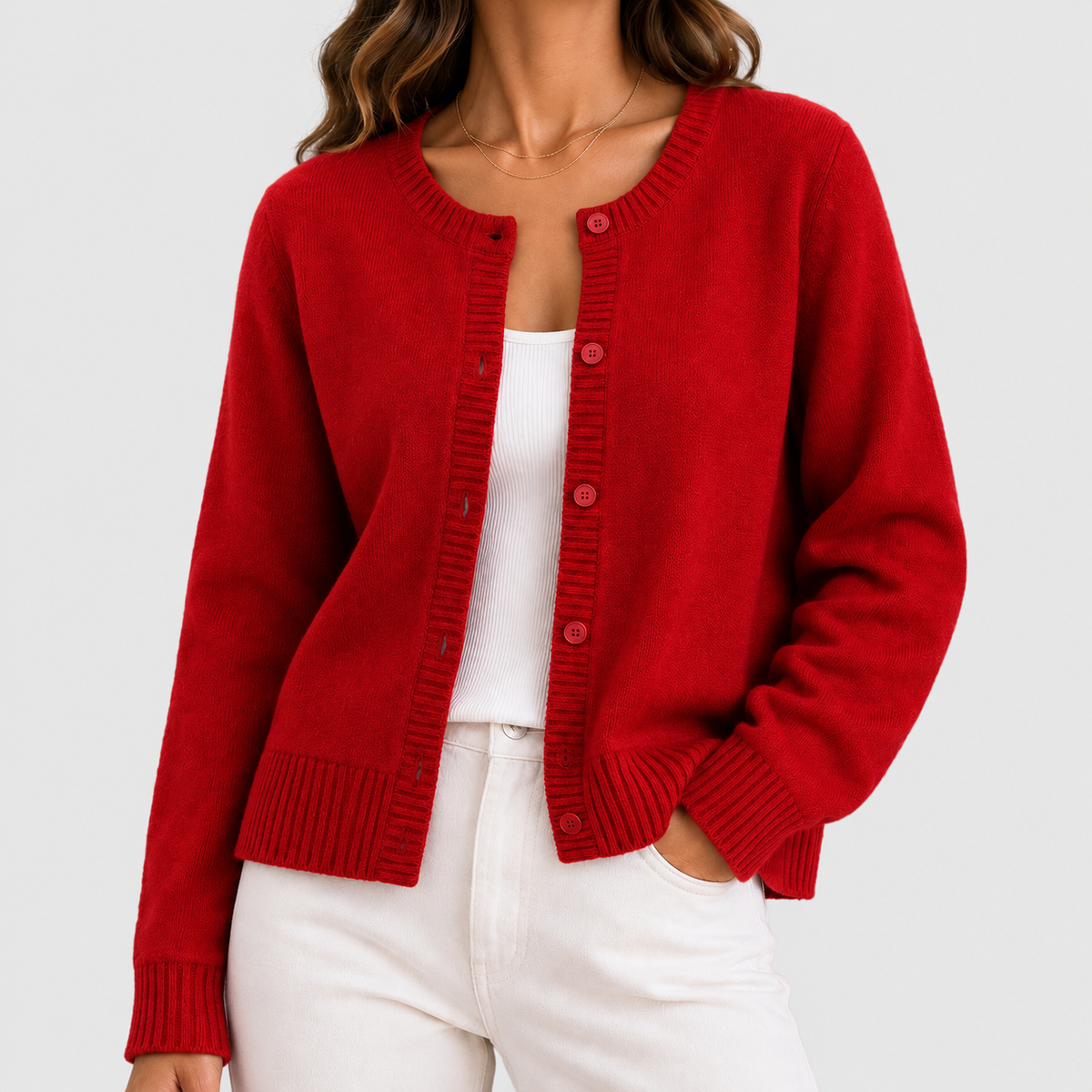 Women's Button-Up Long-Sleeve Round-Neck Knit Cardigan in Red — view 11