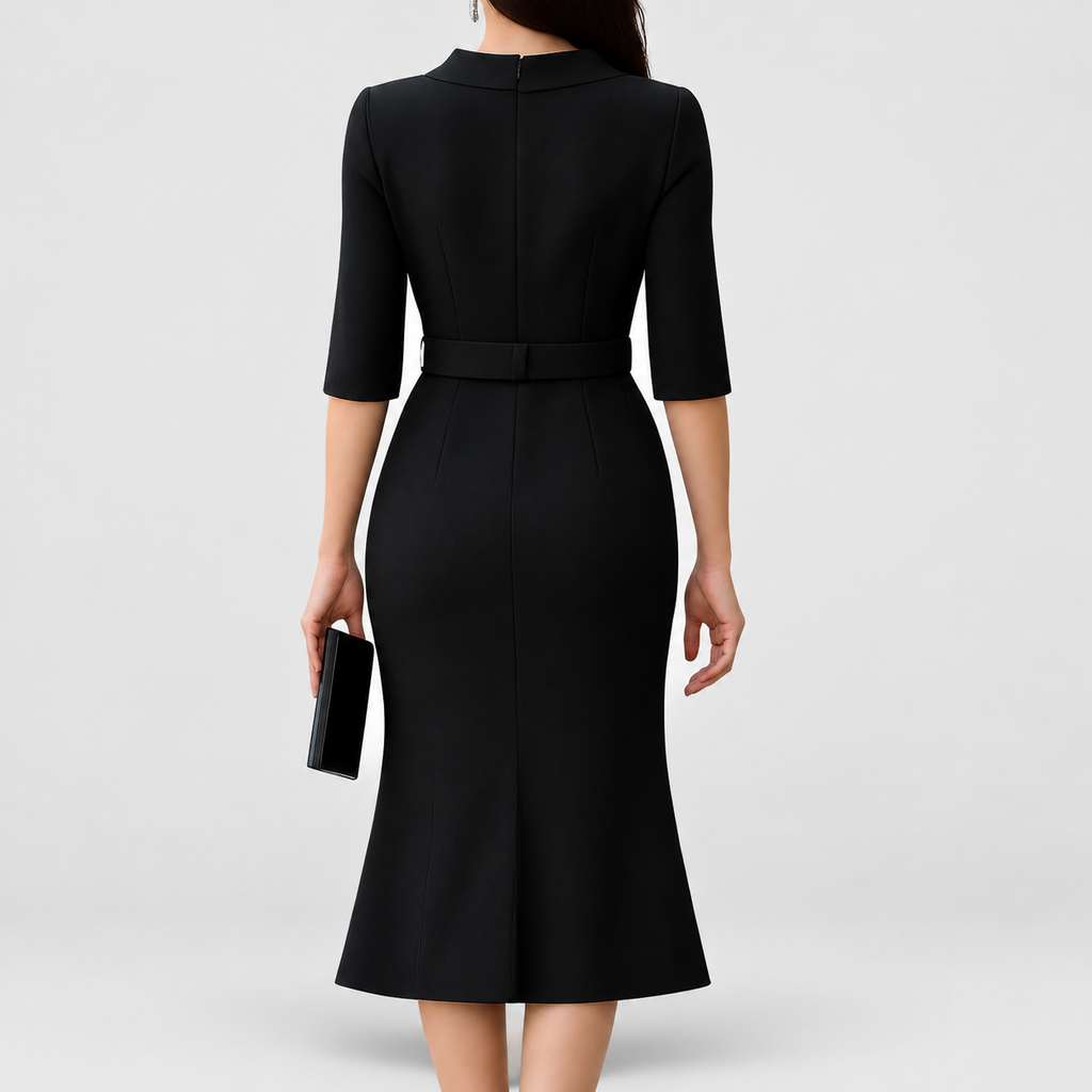 Women's Classic Black Midi Dress with Belt — view 2