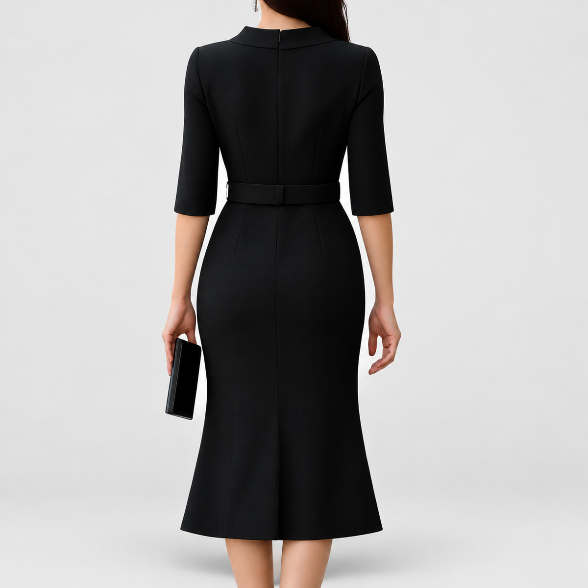 Women's Classic Black Midi Dress with Belt — view 2