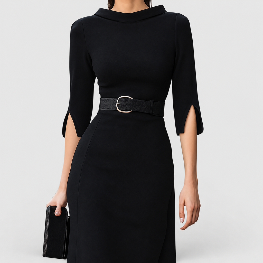 Women's Classic Black Midi Dress with Belt — view 3