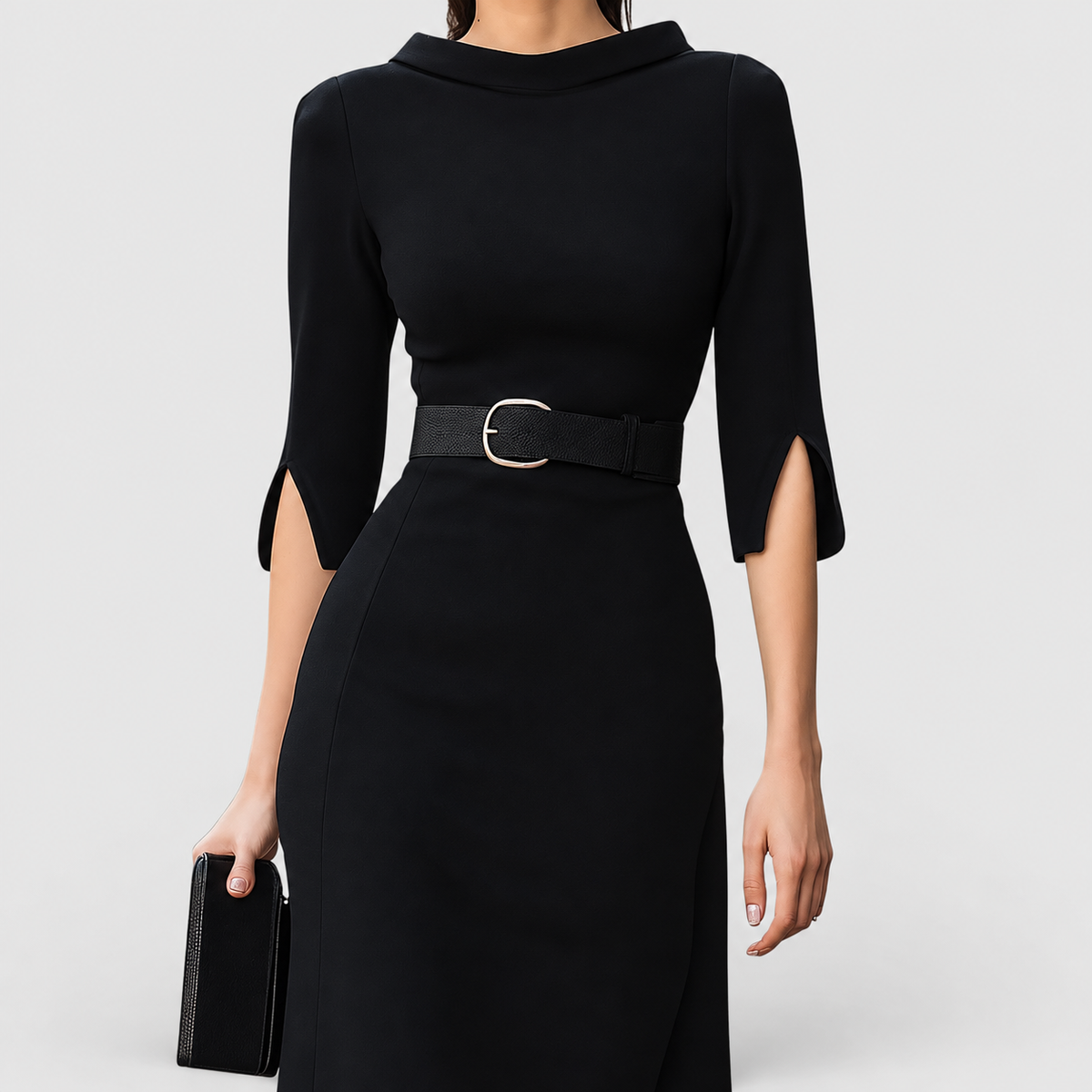 Women's Classic Black Midi Dress with Belt — view 3