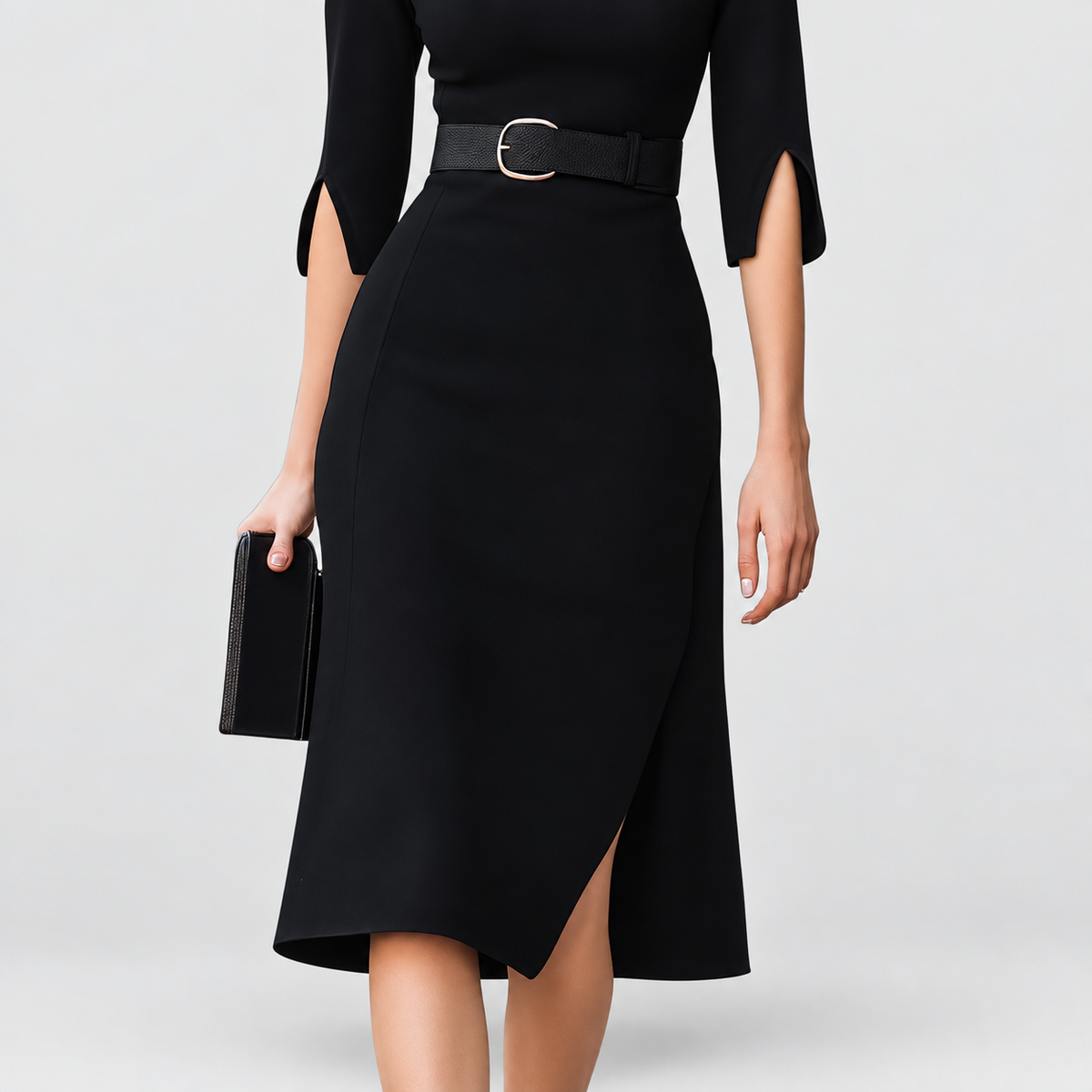 Women's Classic Black Midi Dress with Belt — view 4