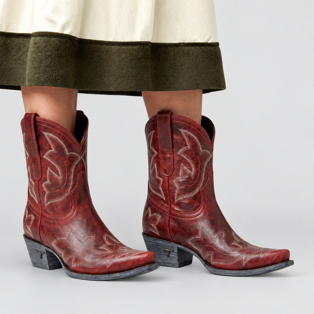 Women's Embroidered Western Boots with Pointed Toe in Red — view 3