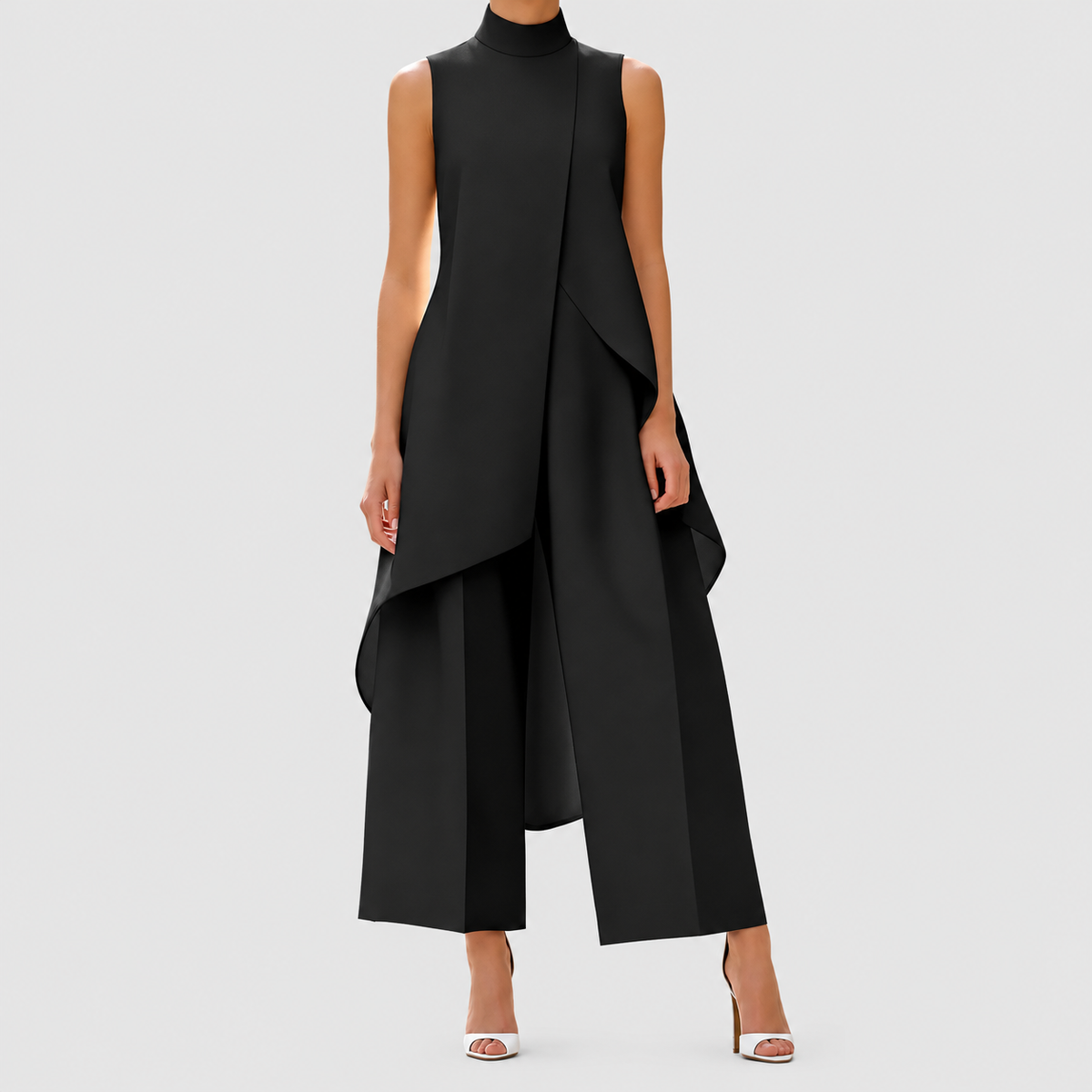 Women's High-Neck Top and Wide-Leg Trouser Set in Black — view 3