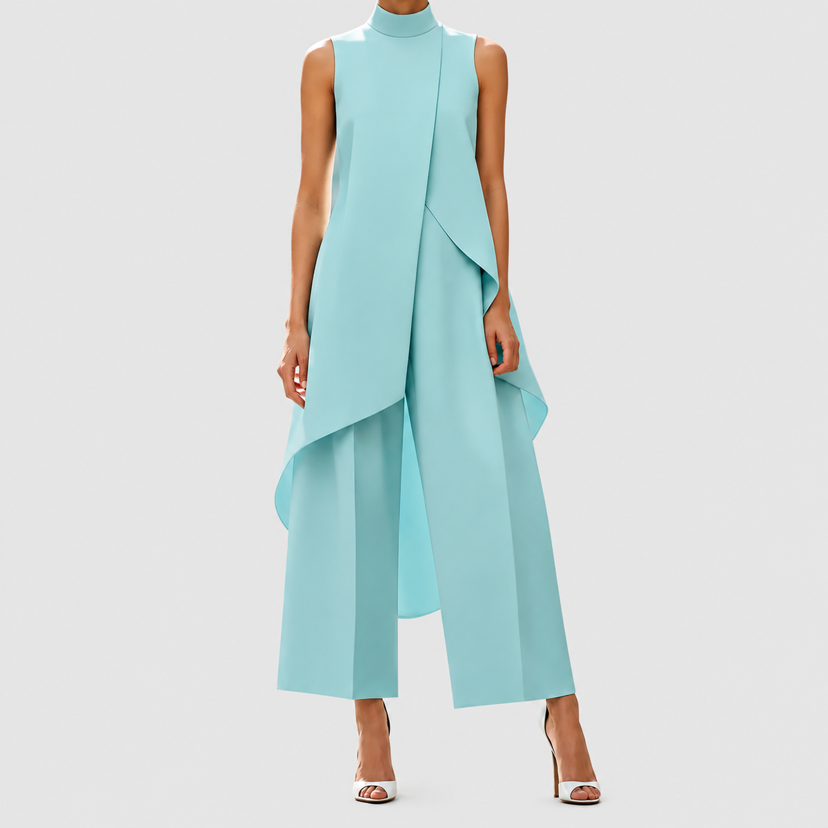 Women's High-Neck Top and Wide-Leg Trouser Set in Light Blue — view 4