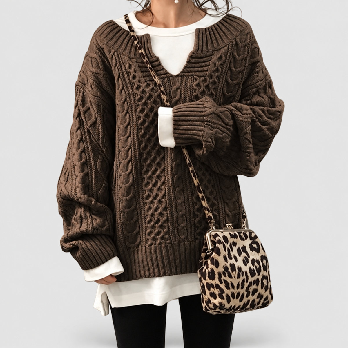 Women's Oversized Cable Knit V-Neck Layered Jumper in Brown — view 3