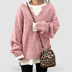 Women's Oversized Cable Knit V-Neck Layered Jumper in Pink — view 4