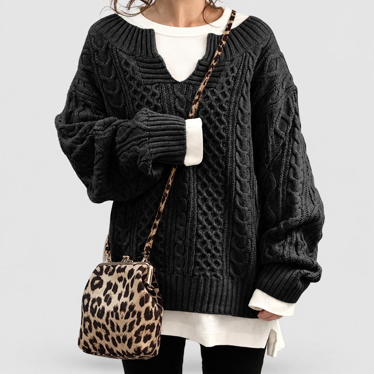 Women's Oversized Cable Knit V-Neck Layered Jumper in Black — view 5
