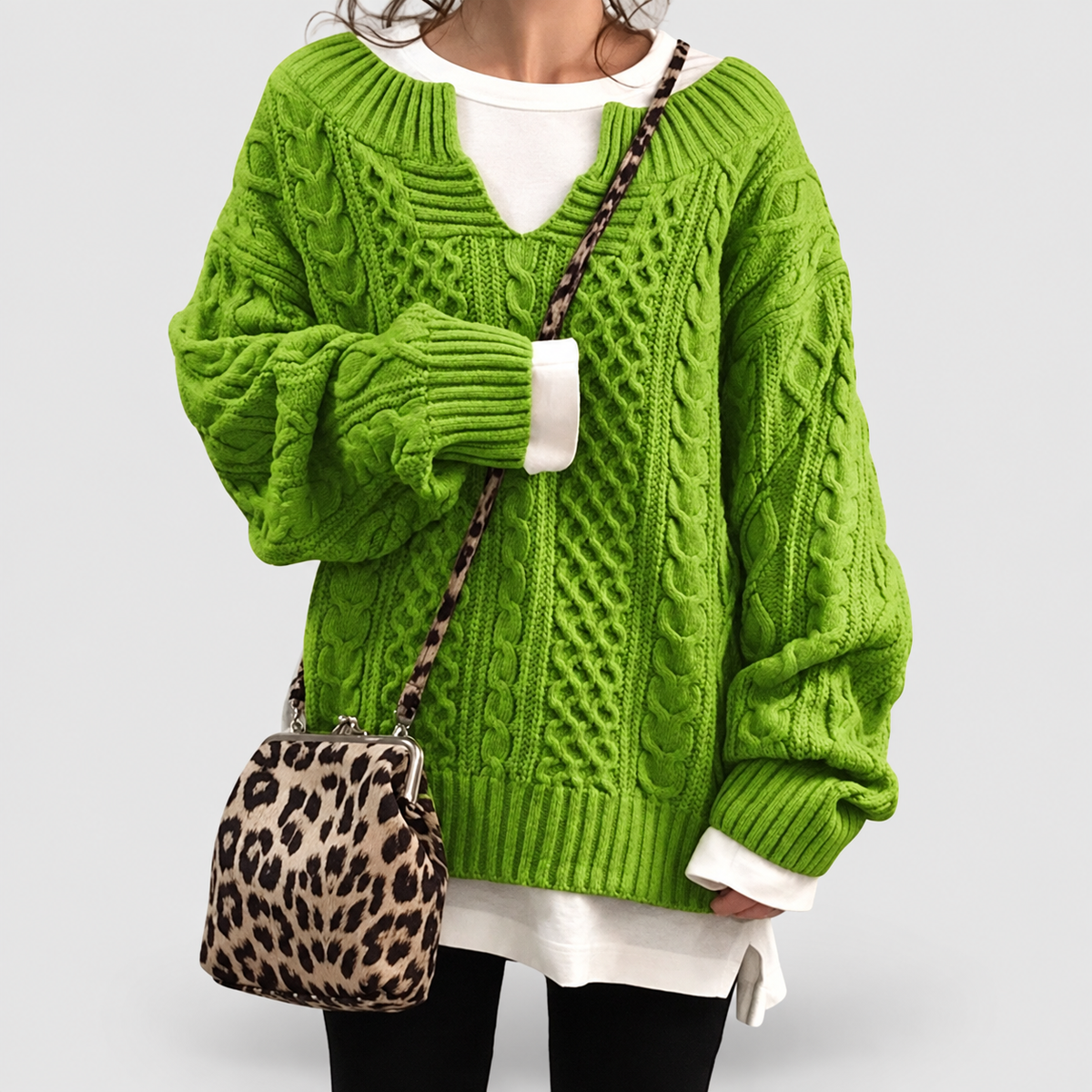 Women's Oversized Cable Knit V-Neck Layered Jumper in Green — view 6