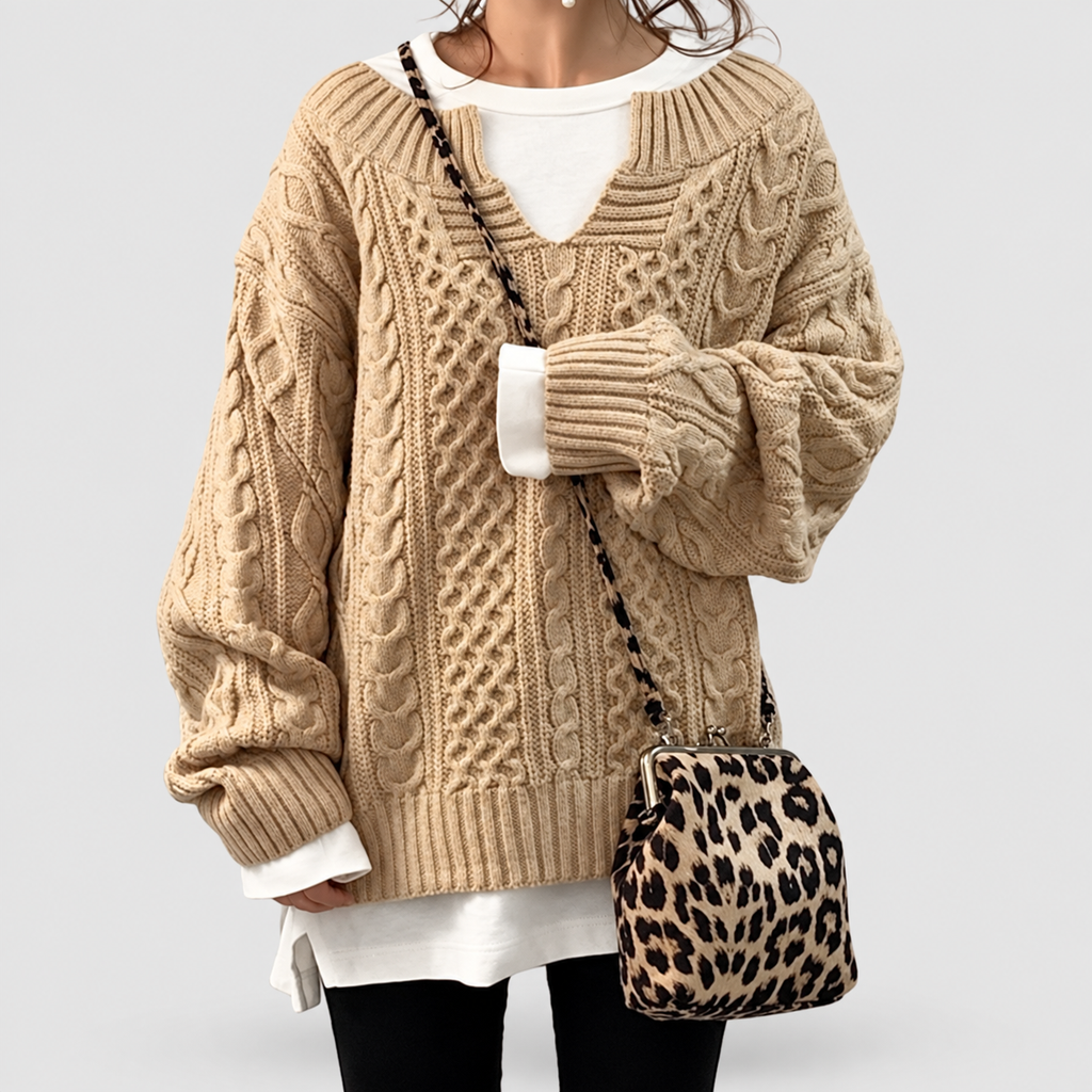 Women's Oversized Cable Knit V-Neck Layered Jumper in Beige — view 8
