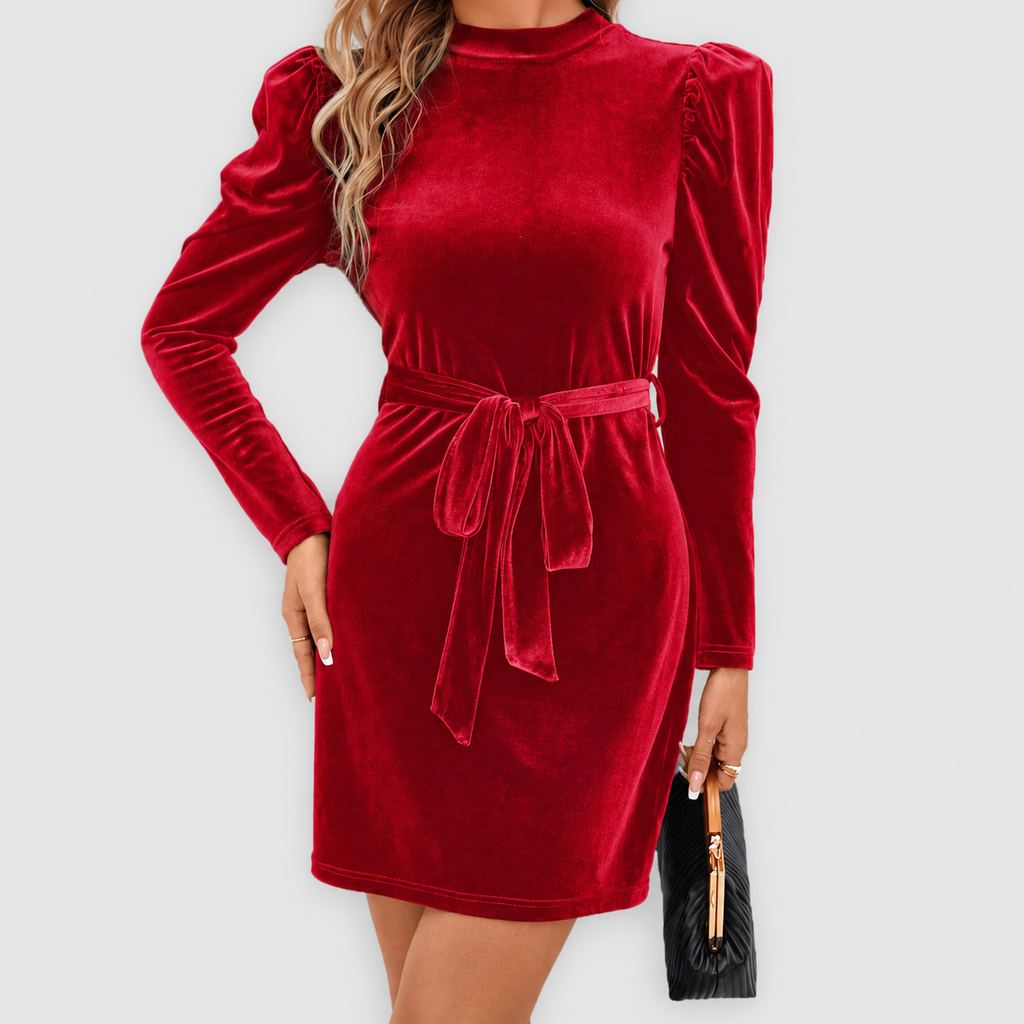 Women's Puff Sleeve Velvet Mini Dress with Tie Belt in Red — view 1