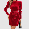 Women's Puff Sleeve Velvet Mini Dress with Tie Belt in Red — view 1