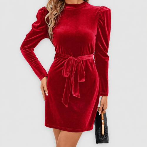Women's Puff Sleeve Velvet Mini Dress with Tie Belt in Red — view 1
